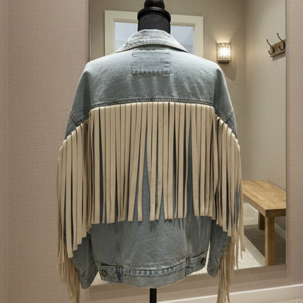 Beautiful Vintage Style Light Wash Fringe Jean Jacket